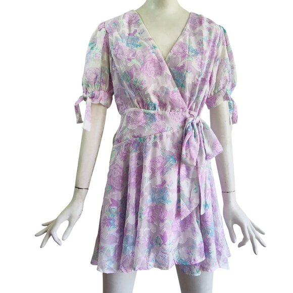 Skies Are Blue Cleo Coquette Puffy Tie Sleeve Floral Jacquard Wrap Dress S NWT - Picture 1 of 14